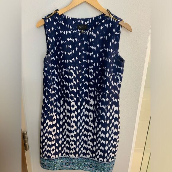 Ab Studio Sleeveles Sheath Dress Womens Size 8 Blue Knit Banded Hem Knee Length - Picture 2 of 9